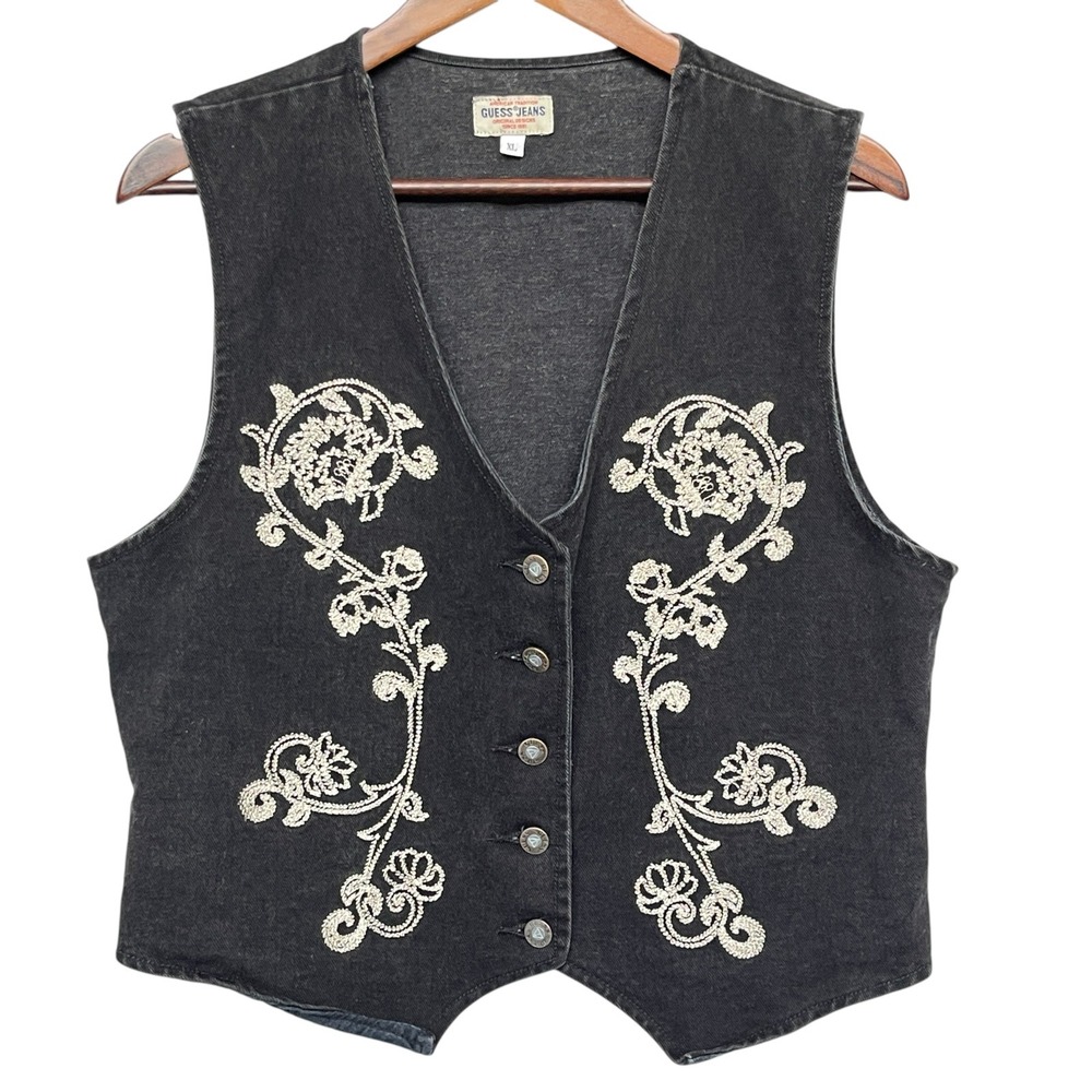Vintage Guess Jeans Black Denim Embroidered Vest XL Floral Button Front USA Made